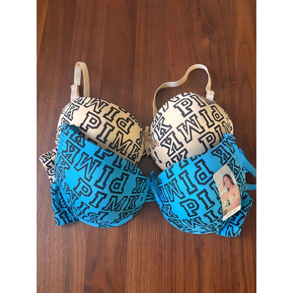 Logo Print Push Up Victoria's Secret PINK Bra Set 2pk Underwire 36C Blue Cream